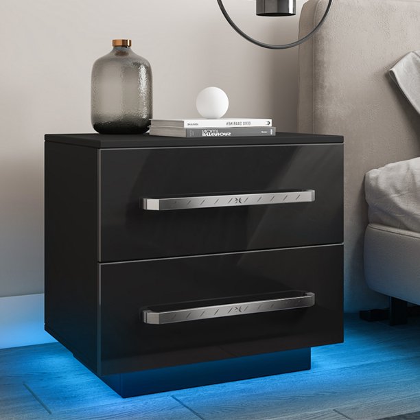 Hommpa Modern LED Nightstand with 2 Drawers High Gloss Bedside Table