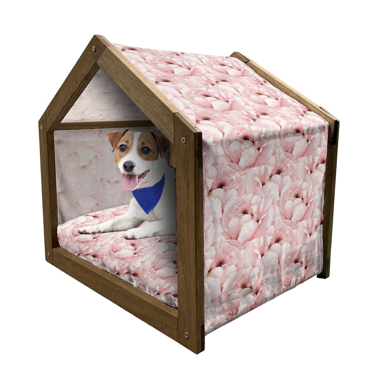 Floral Patterned Wooden Dog House with Canopy and Pillow