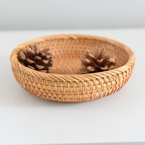 Cesta de almacenamiento de ratán tejida a mano | Cesta de drenaje de madera natural para frutas y verduras | Organizador de cocina y salón | Cesta para aperitivos y pan de 26 x 26 x 10 cm