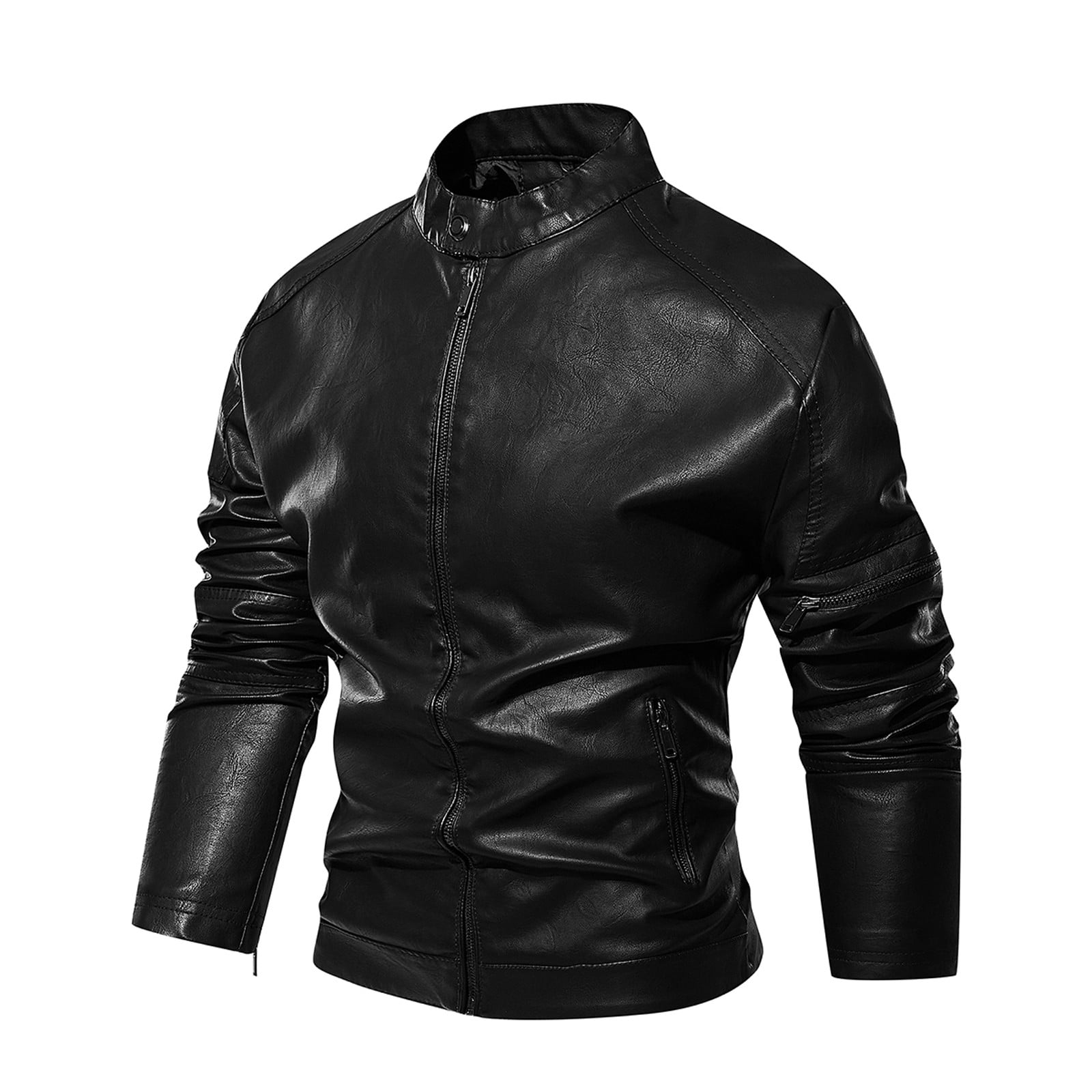 HAPIMO Leather Jacket Men's Casual Stand Collar Slim Leather Sleeve Flight Jacket Faux Leather Biker Jacket Black L