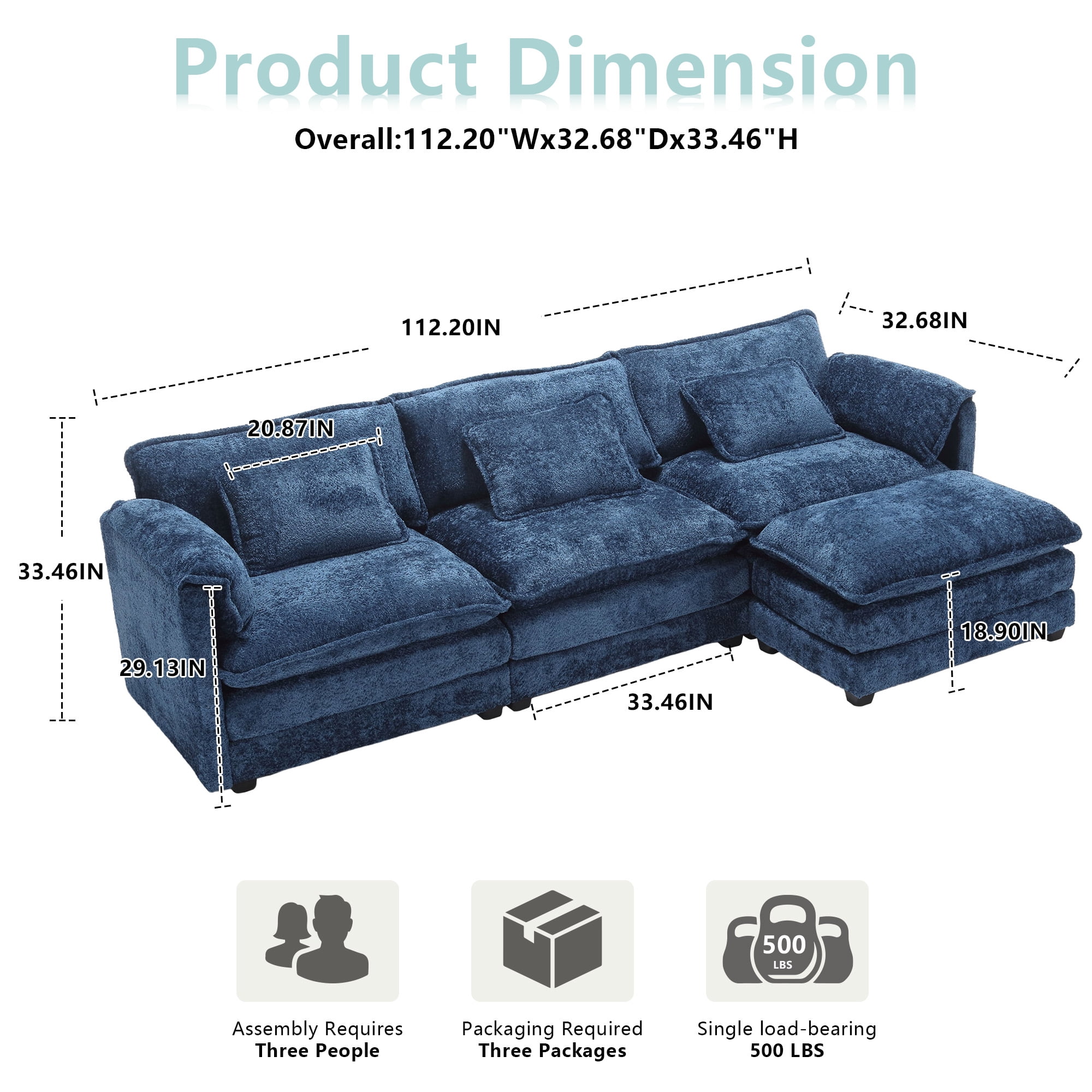 MOONMISS Chenille Upholstered L-Shape Comfy Oversized Modular Sectional Sleeper Sofa with Moveable Ottoman-Navy Blue