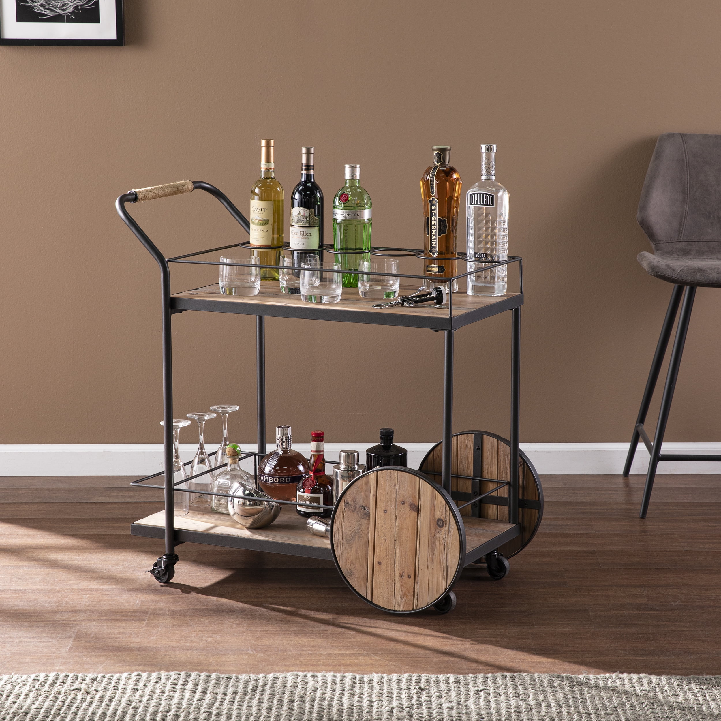 Pemton 32" Natural Reclaimed Wood Industrial Bar Cart