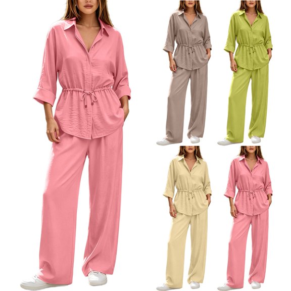 Cameland Women 2 Piece Tracksuit Women Fall Winter Solid Collared Long Sleeve Shirt Adjustable Waist Pants Two Piece Set Pink M