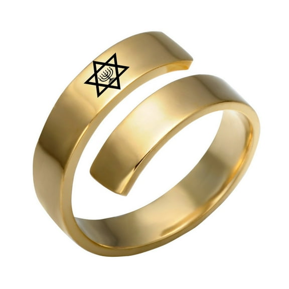 Star of David & Menorah Gold Ring for Women Men Stainless Steel Jewish Star Faith Lamp Amulet Symbol Cuff Ring Israel Messianic Jewelry for Protection