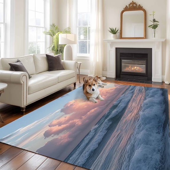 6'x9' Area Rugs, Beach Coastal Indoor Outdoor Area Rug for Living Room Bedroom, Summer Nautical Seaside Sky Blue Pink Washable Bathroom Rugs Kitchen Floor Carpet Mats Home Decor Aesthetic