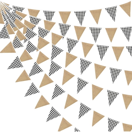 26Ft Black Gingham Plaid Burlap Banner Black Checkered Burlap Pennant Triangle Flag Garland Streamers Vintage Wall Hanging for Rustic Birthday Wedding Baby Shower Boho Picnic Camping Christmas Decor