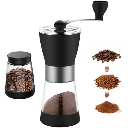Manual Coffee Grinder, Hand Coffee Grinder Mill with Ceramic Burrs, 2 Clear Glass Jars, Stainless Steel Handle for French Press, Drip Coffee, Espresso