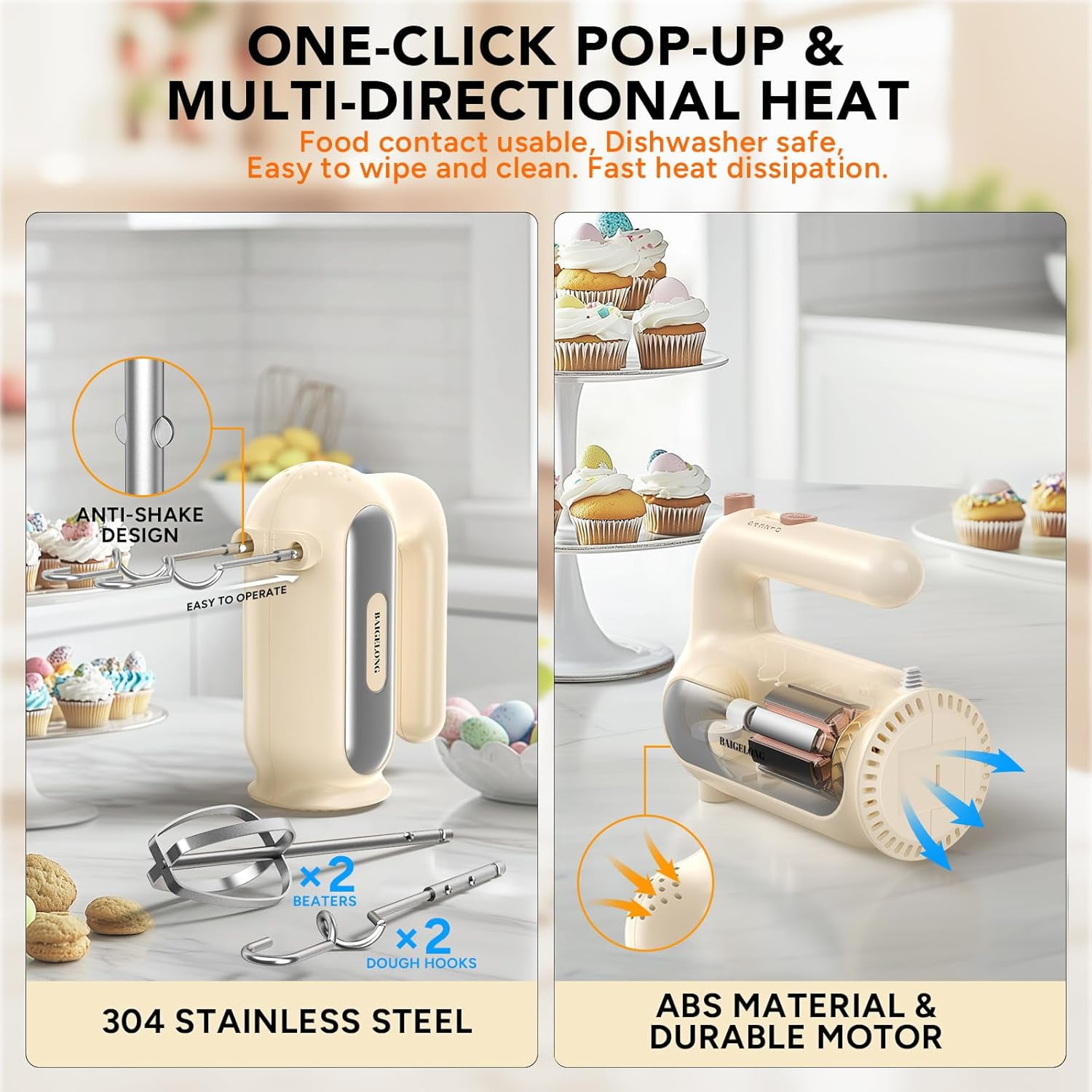 Hand Mixer Electric, 5-Speed Small Handheld Mixer, 2* (Dough Hooks & Beaters) Food Blender, Kitchen Blender for Baking, Cream, Cookies, 304 Dishwasher Safe