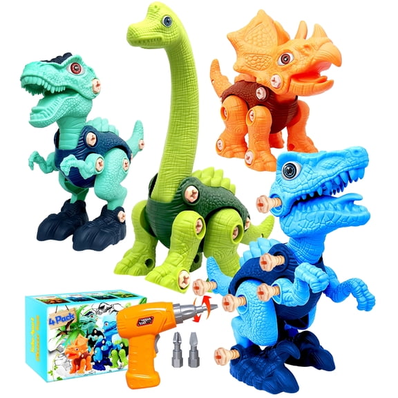 Dinosaur Toys for Kids, 4 Pack Take Apart Dinosaur Toys with Electric Drill for Boys and Girls, STEM Construction Building Play Toy for Christmas Birthday Gifts