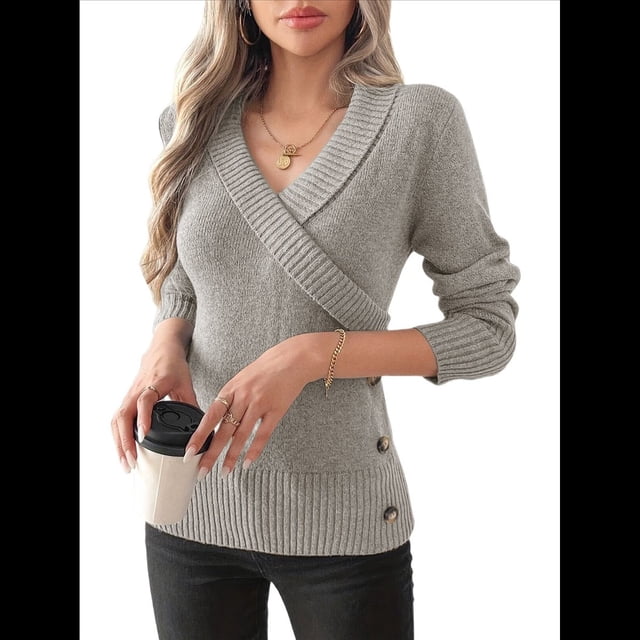 Suéteres de Larga con Cuello en V para Mujer, Suéteres Cruzados y Fruncidos, Blusas de Otoño Gris S