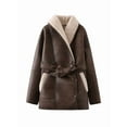 thumbnail image 3 of Women Faux Leather Jacket with Faux Fur Collar, Winter Long Sleeve Furry Trim Peplum Parka Coat with Belt Brown L, 3 of 9