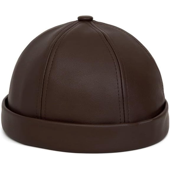 CoCoMangos Men Retro Solid Faux Leather Beanie Hat Round Brimless Skull Cap