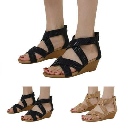 

kpoplk Womens Wedge Sandals Womens Wedge Platform Cross Ankle Strap Slingback Open Toe Summer High Heel Casual Sandals(Khaki)