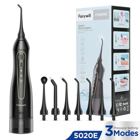 Fairywill Cordless Water Flosser, Dental Oral Irrigator Teeth Cleaner with 300ML 7 Jet Tips Portable and Rechargeable IPX7 Waterproof 3 Modes , Electric Flosser for Travel & Home Black