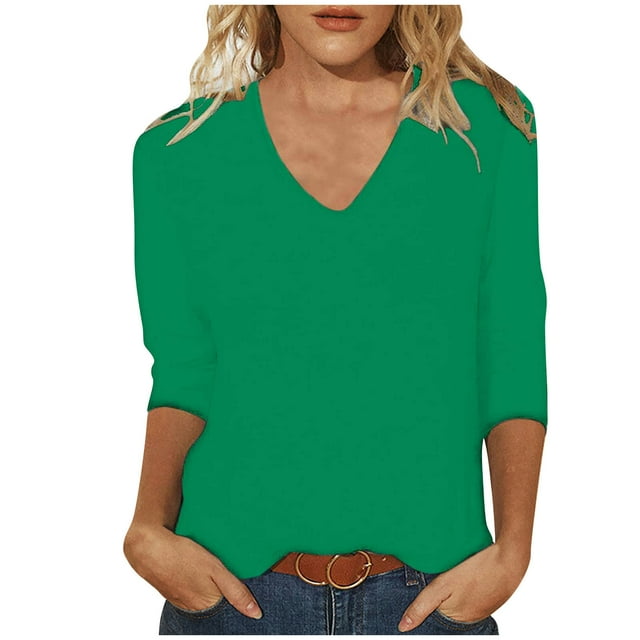 Birdeem T-Shirt Ample Uni pour Femmes, Blouse à Manches 3/4, Col en V, Hauts Décontractés