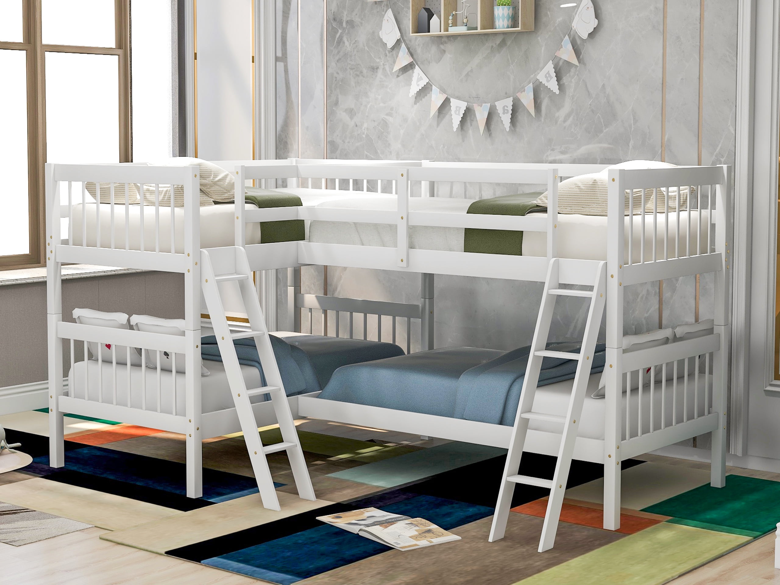 Twin Over Bunk Bed For Kids Wood, L Shaped Quad Bunk Beds