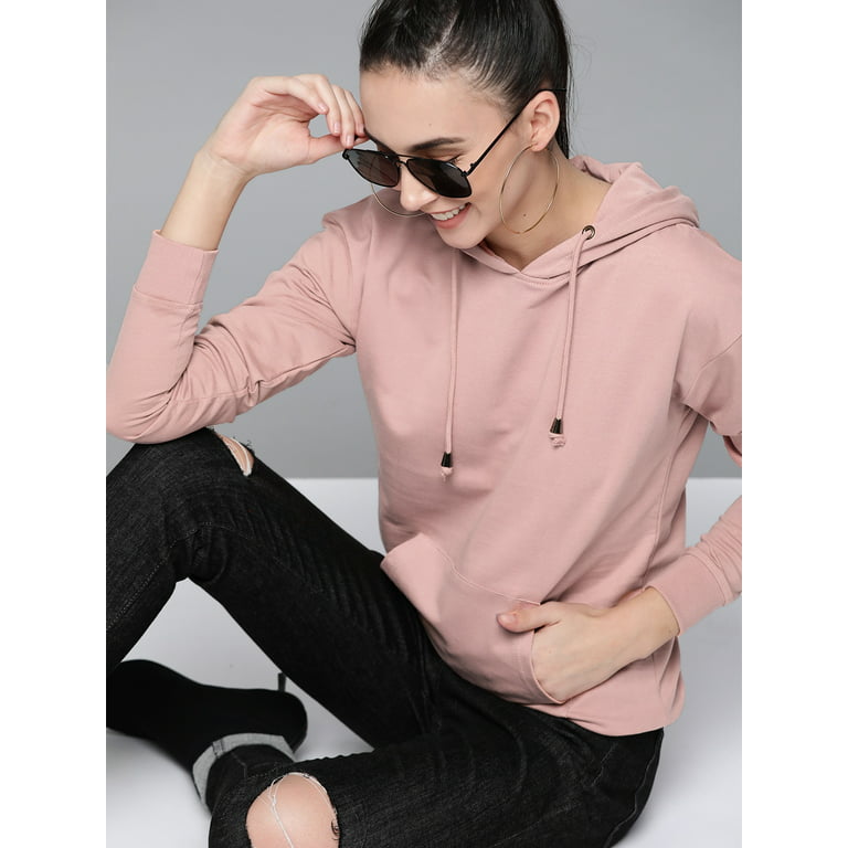 HERE&NOW - By Myntra Women Designer Rose Hooded Long Sleeves Ready to Wear Pullover Cotton Sweatshirt With A Pocket With Straight Hem - Walmart.com