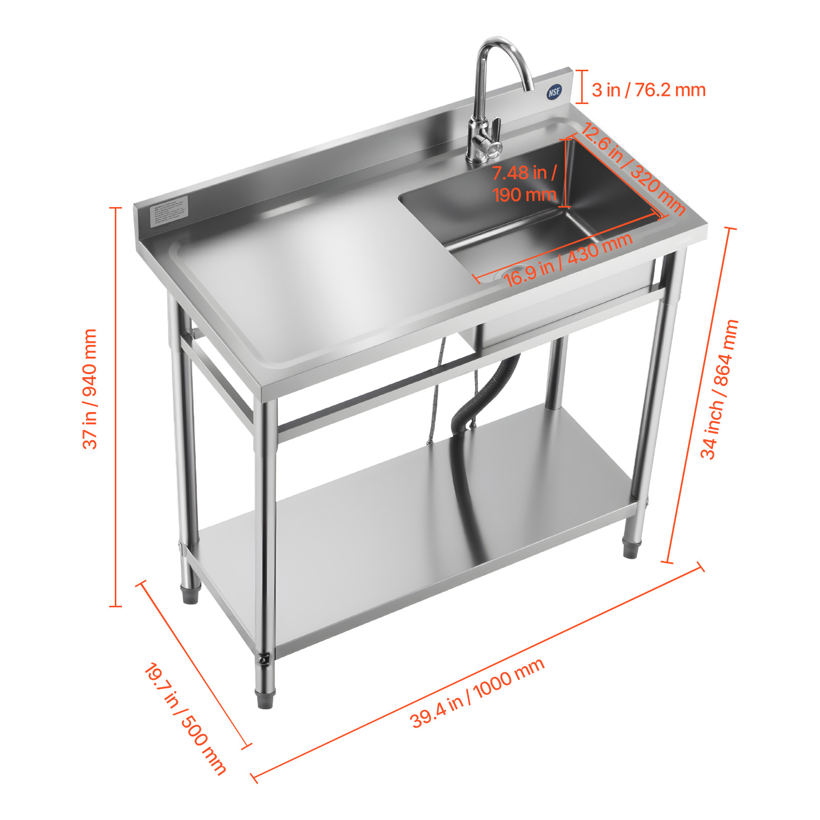 KFFKFF Stainless Steel Utility Sink, Free-Standing Single Bowl Commercial Kitchen Sink with Faucet, 39.4 x 19.7 x 37 in, Left-Side Basin with Hot and Cold Water Pipes for Garage, Restaurant