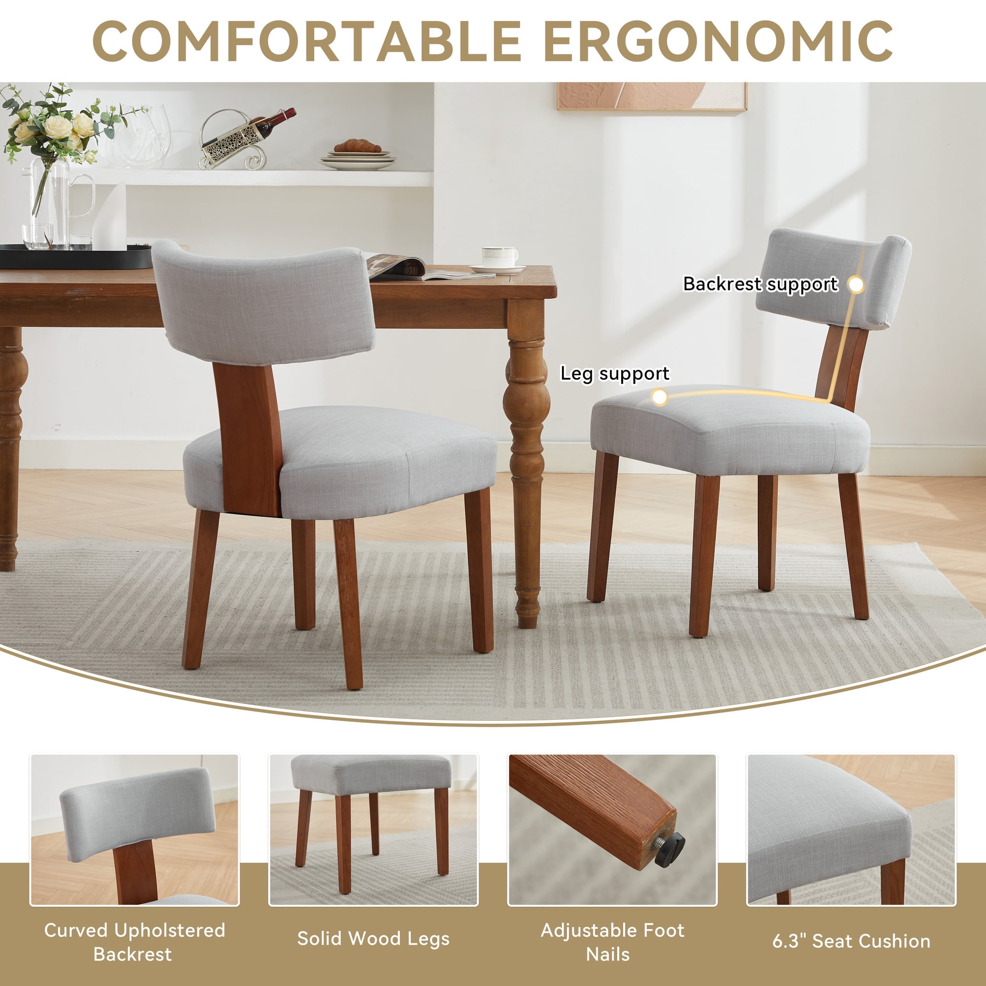 MOONMISS Modern Upholstered Dining Chairs Set of 2 With Curved backrest and Solid Wooden Legs,Gray