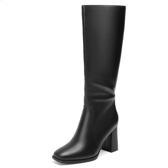 Wide Calf Knee High Boots for Women Square Toe 3.3-Inch Chunky Heel Tall Boots Side Zipper Long Boots
