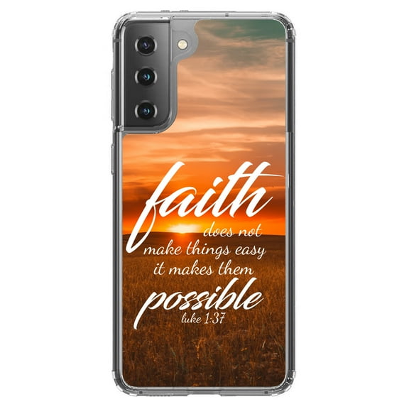 DistinctInk Clear Shockproof Hybrid Case for Galaxy S21 5G (6.2" Screen) - TPU Bumper, Acrylic Back, Tempered Glass Screen Protector - Luke 1:37 - Faith Does Not Make Easy It Makes Possible