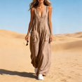thumbnail image 4 of Women's Fashion Casual Solid Color Deep V Halter Neck Sleeveless Jumpsuit Ruched Detail Pockets Long Pants One Piece Coffee S(S), 4 of 7
