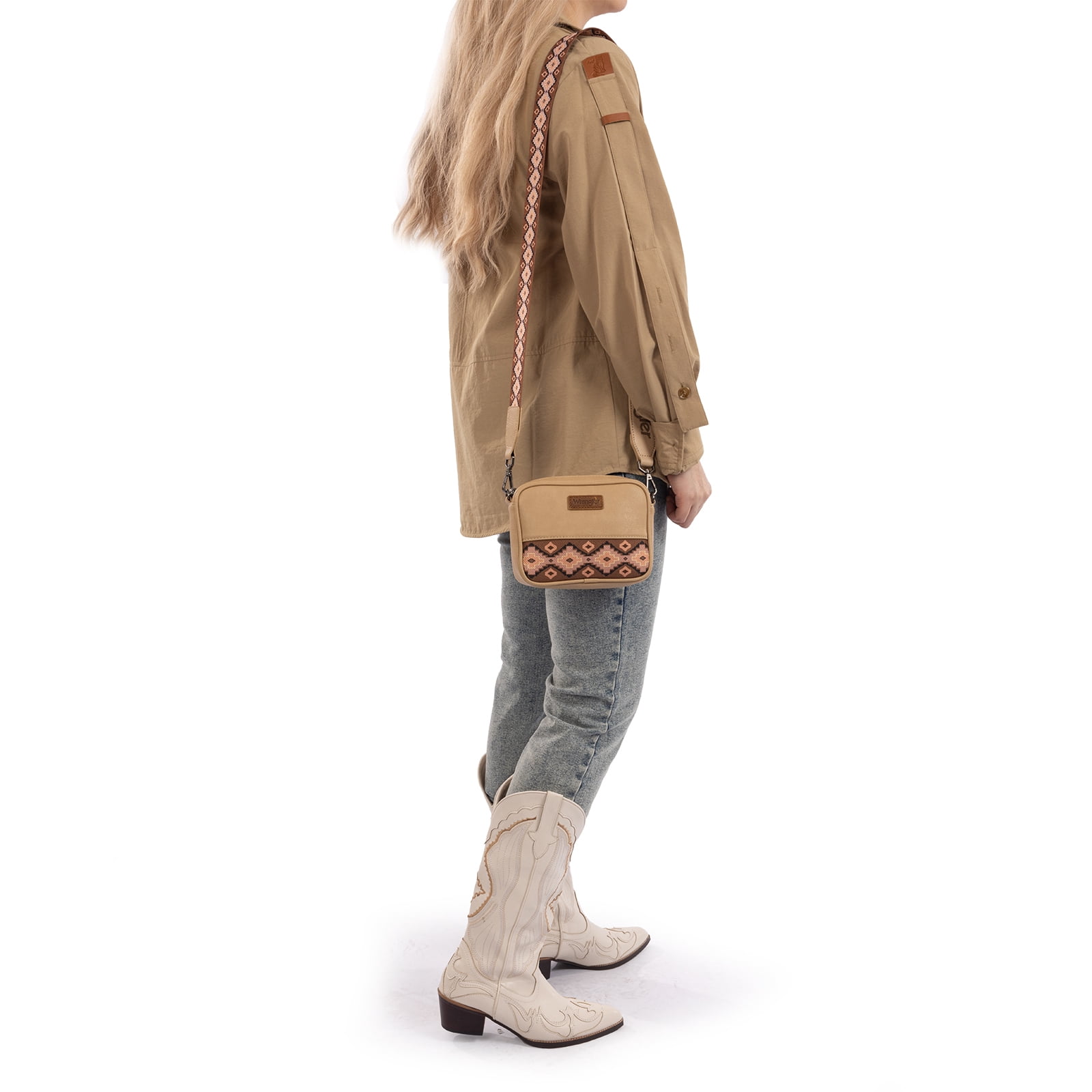 Wrangler Crossbody Bag for Women Aztec Mini Crossover Purse with Guitar Strap, Khaki With Dark Brown