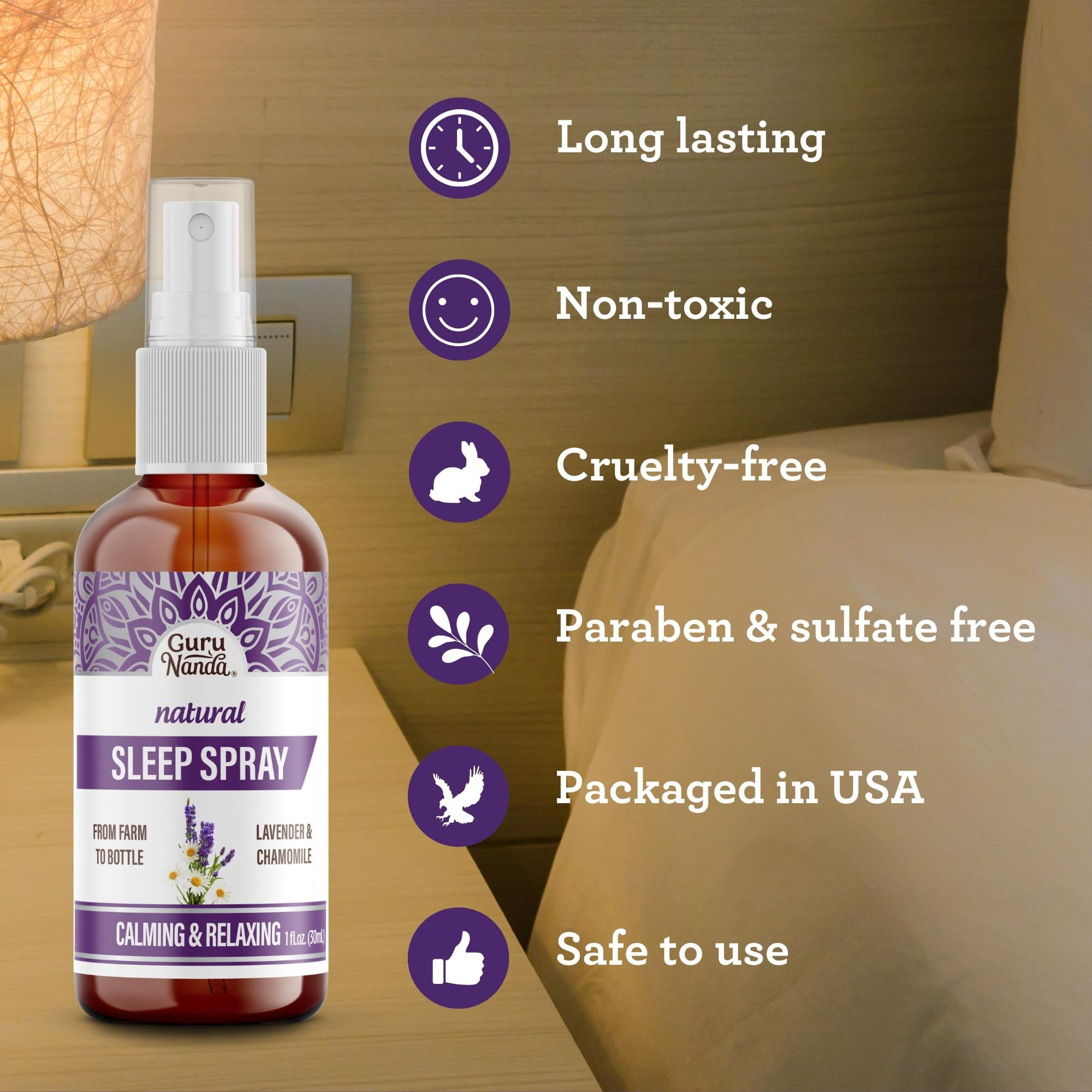 (4 pack) GuruNanda Natural Sleep Spray - Blend of Lavender & Chamomile Essential Oils for Restful Sleep  - 1 fl oz.