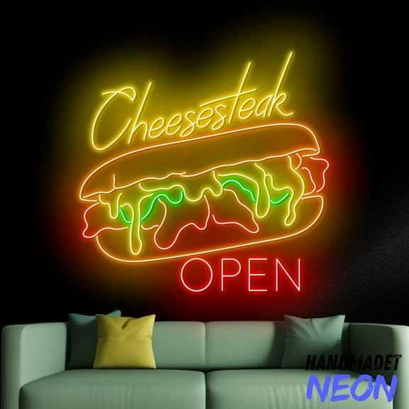 Handmadetneonsign Cheesesteak Open Neon Sign, Sandwich Led Sign, Fast Food Neon Light Wall Decor 94905