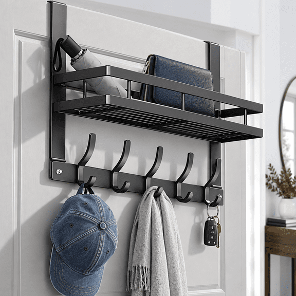 Storvive Over The Door Hooks Organizer, Back of Door Storage with 5 Hooks & 1 Basket for Bedroom, Bathroom