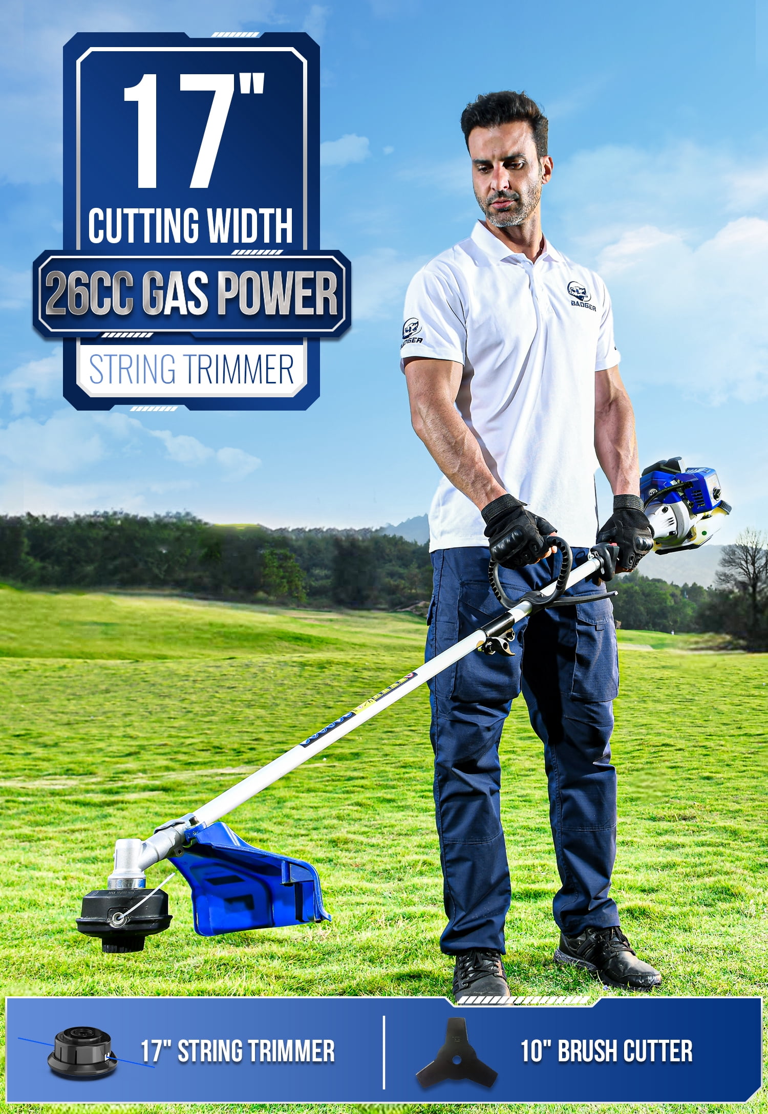 WILD BADGER POWER 26CC Weed Wacker Gas Powered, 3 in 1 String Trimmer/Edger 17'' with 10'' Brush Cutter,Rubber Handle & Shoulder Strap Included
