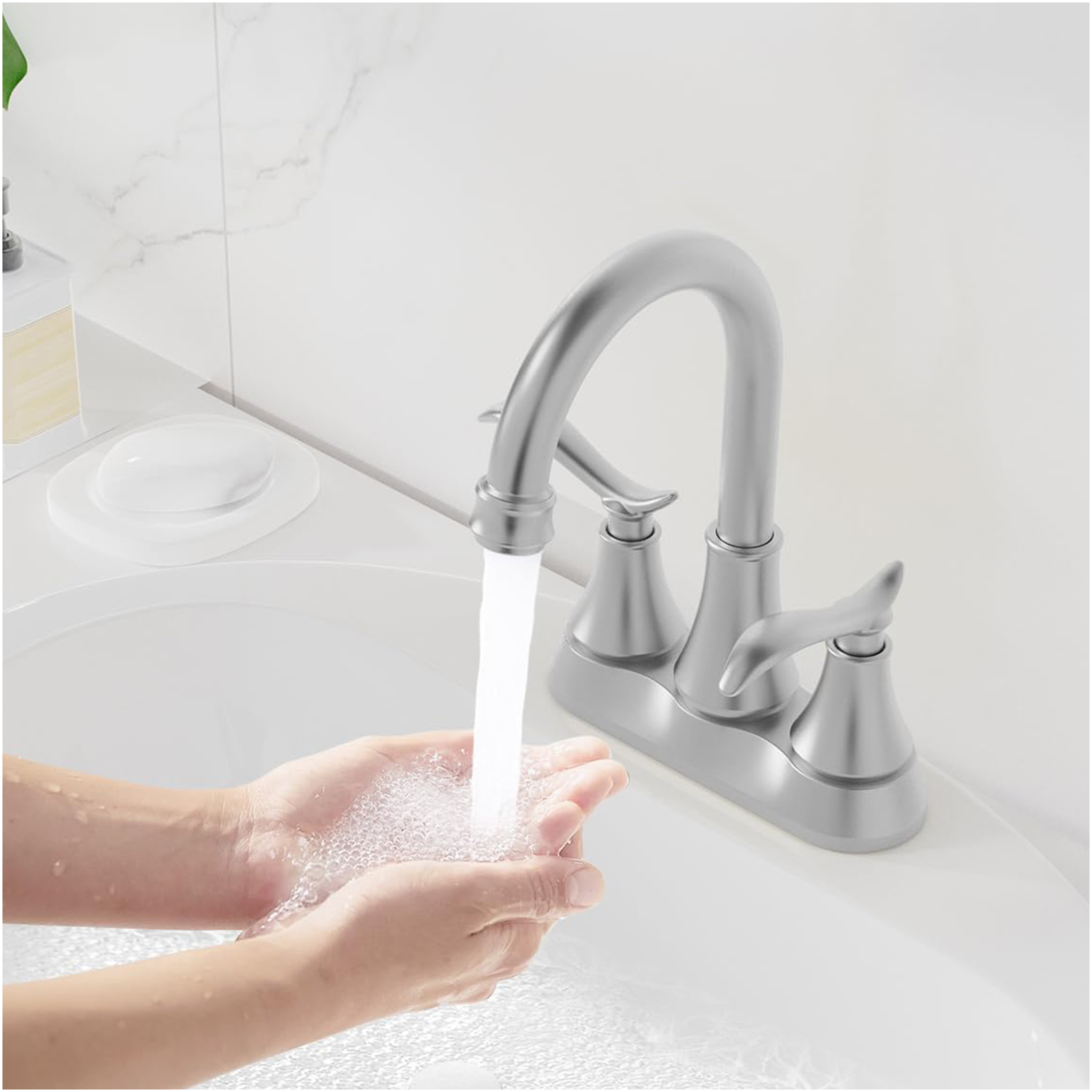 JERFIT 4-inch Centerset Bathroom Sink Faucet, 2-Handle High Arc Swivel Spout, Brushed Nickel, with Pop-Up Drain & Supplies