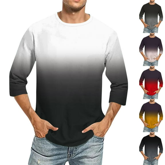 Afuyipoi Men's Gradient Print Three-Quarter Sleeve T-Shirt,Athletic Round Neck Lightweight Athletic Shirts Red 2XL
