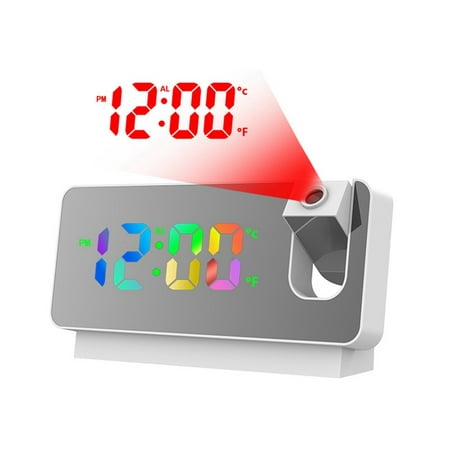 

180° Rotation Projection Alarm Clock for Bedroom LED Colorful Digital Projection on Ceiling USB Charger Time White A