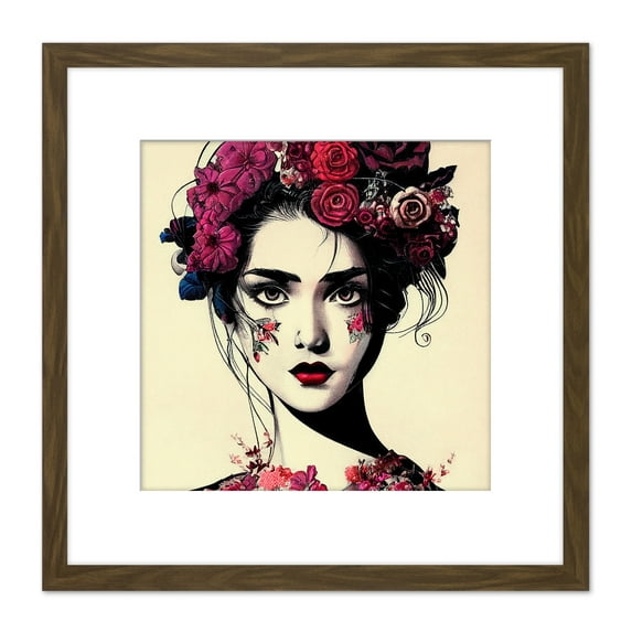 Woman With Flowers Floral Vintage Retro Portrait Illustration Square Wooden Framed Wall Art Print Picture 8X8 Inch