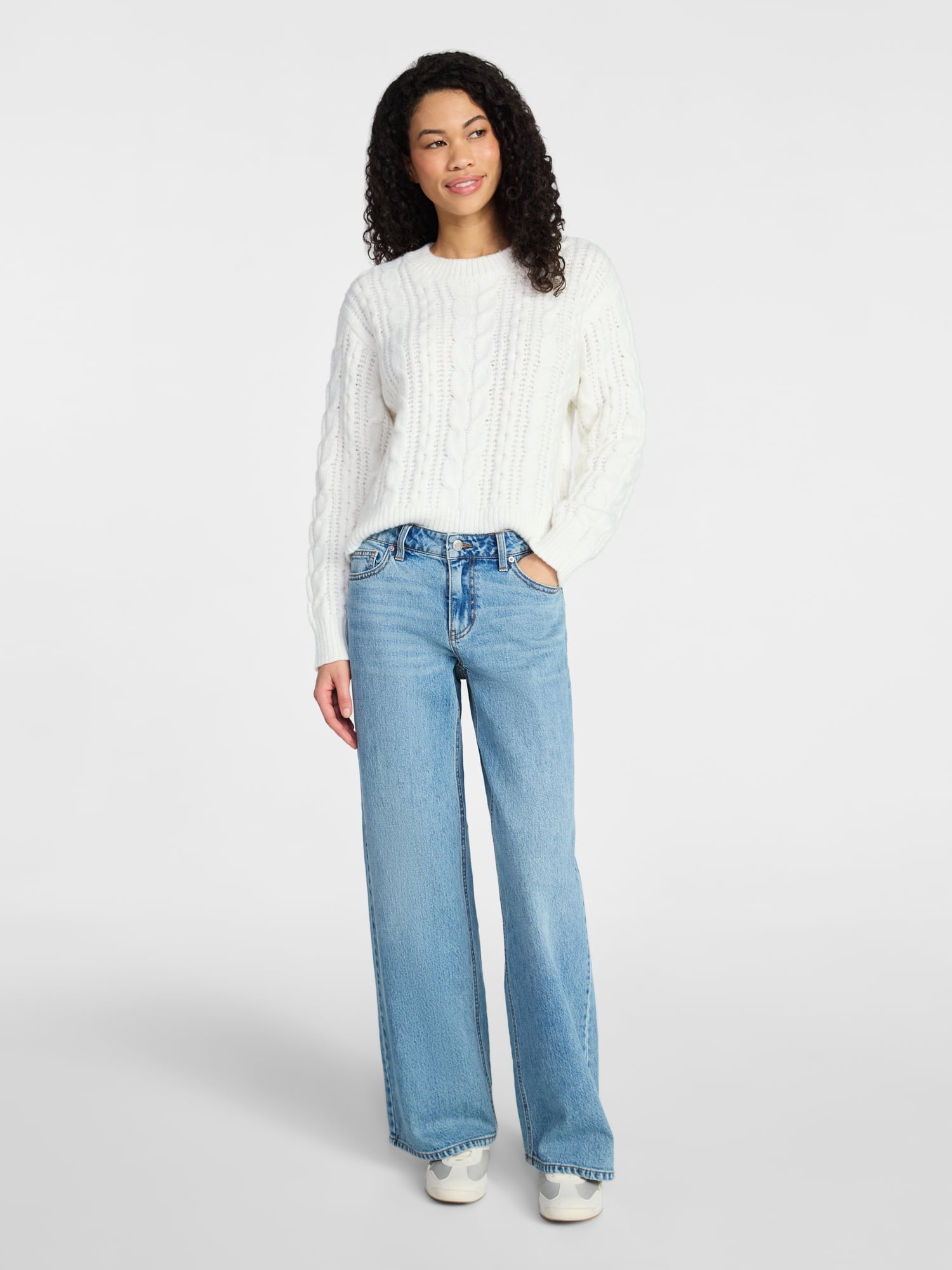 No Boundaries Cable Crewneck Drop Shoulder Sweater, Midweight, Women's XXS-XXL