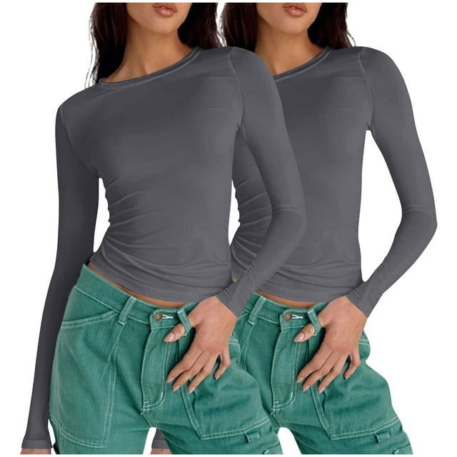 cfhntfmh Womens 2 Pack Long Sleeve Shirts Basic Fall Crop Tops Slim Fit Going out Clothes Lightweight Tight Tee