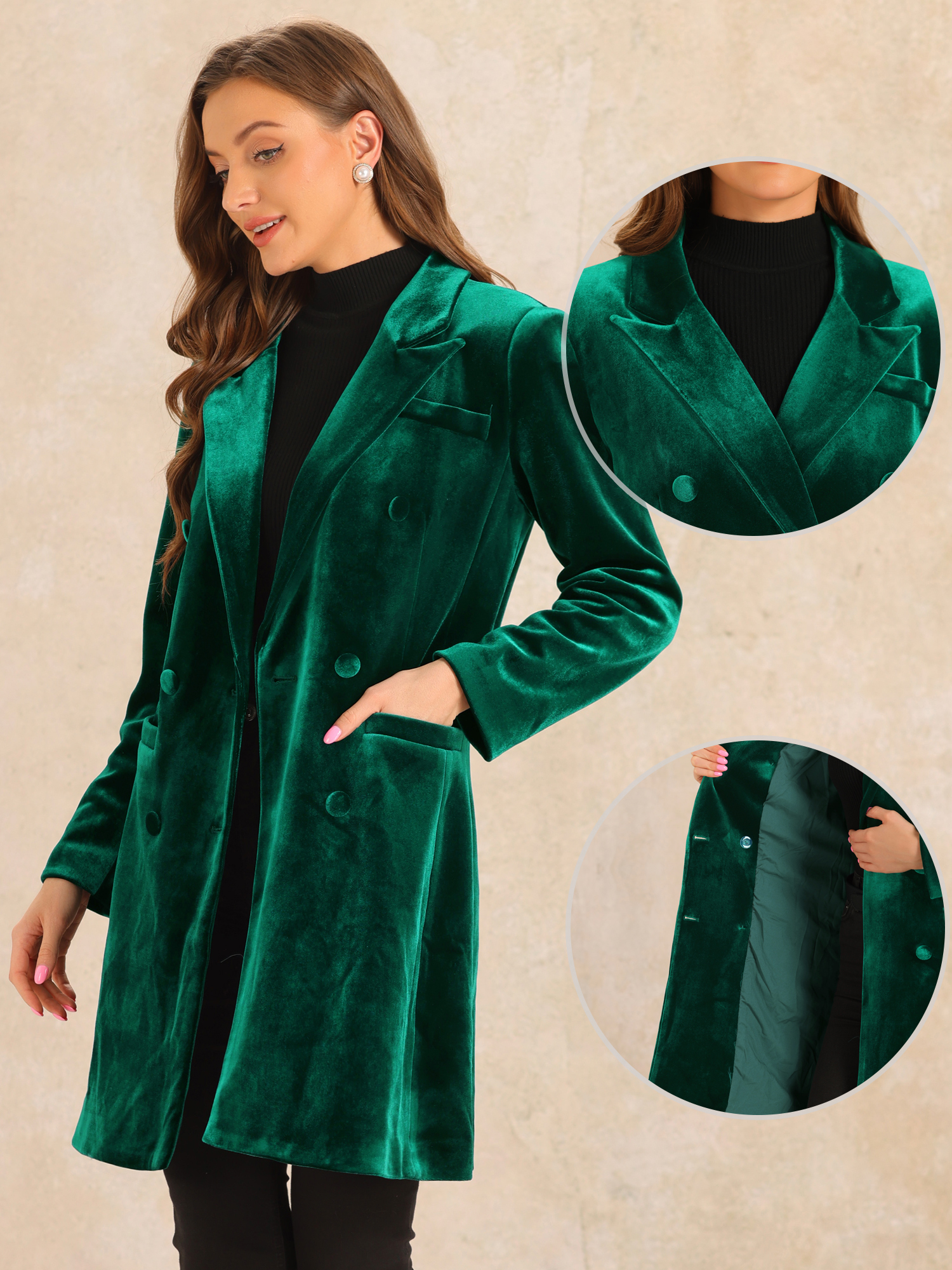 DARING DIVA Women's Velvet Lapel Double-Breasted Long Outerwear Winter Coats M Dark Green