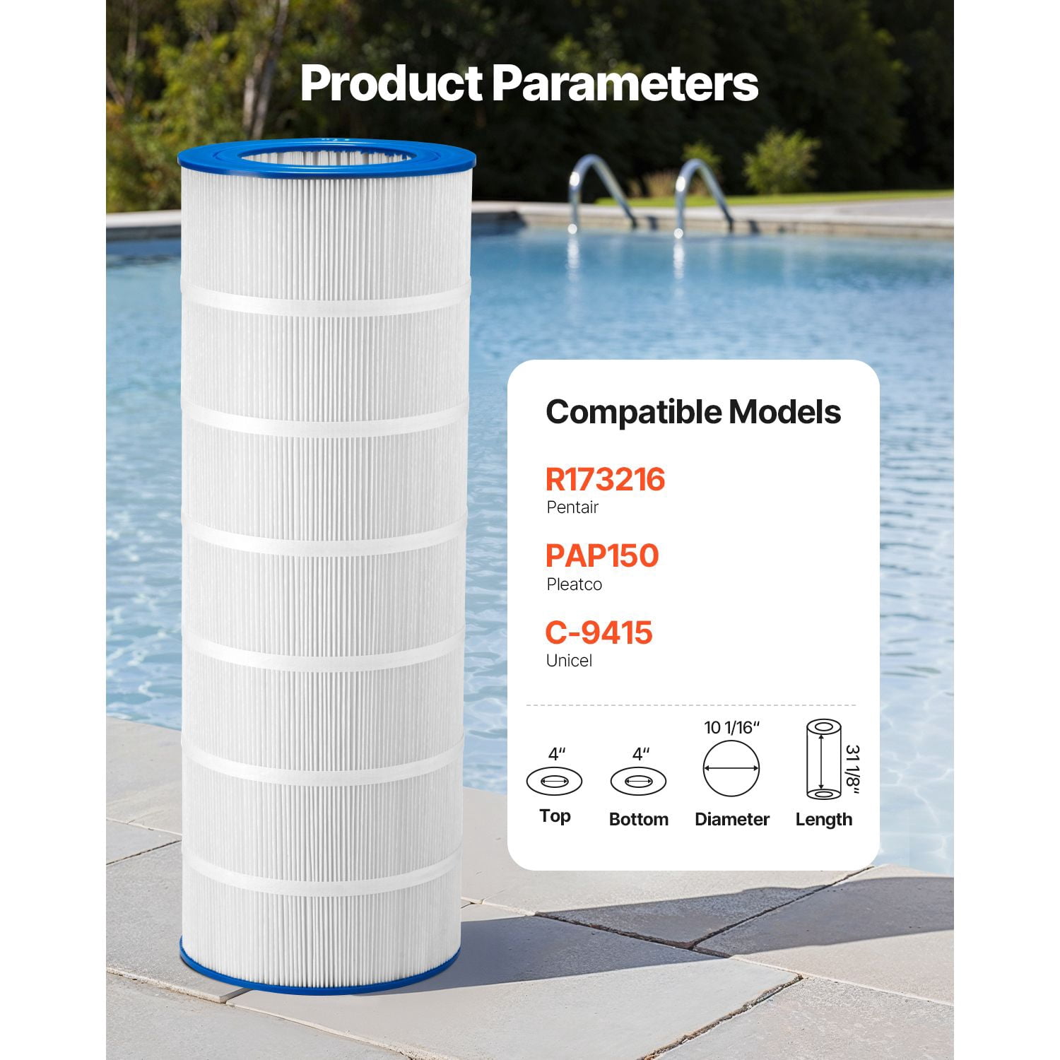 Pool Filter Cartridge, 150 Sq. Ft Spa Hot Tub Filter Cartridge Replacement, Compatible with Pentair R173216, Pleatco PAP150, Secure for Kids & Pet, Trilobal Pleated