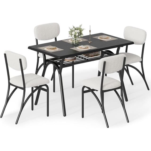 Eastvita 4-Person Dining Table Set Modern Rectangular Kitchen Table with Boucle Chairs/Storage Rack for Small Spaces/Beige Chairs/Black Finish