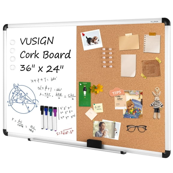 VUSIGN 2 in 1 Combo Whiteboard for Wall Magnetic Dry Erase Board Cork Combination Board 24" x 36" School Supplies