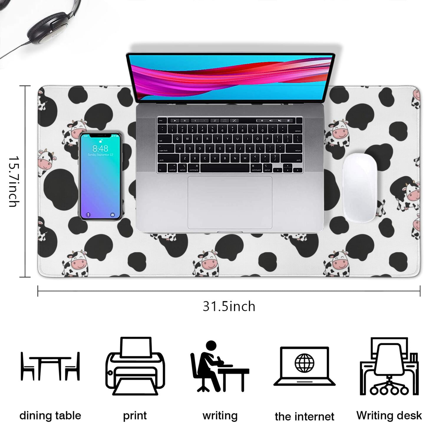 Long Mouse Pads for Desk,White Cow Black Spot Pattern Desk Mats on Top Of Desks, Desk Mouse Pad Extra Large with 3mm Non-Slip Base and Stitched Edge for Gaming,Office,Work,Home 31.5"x15.7"