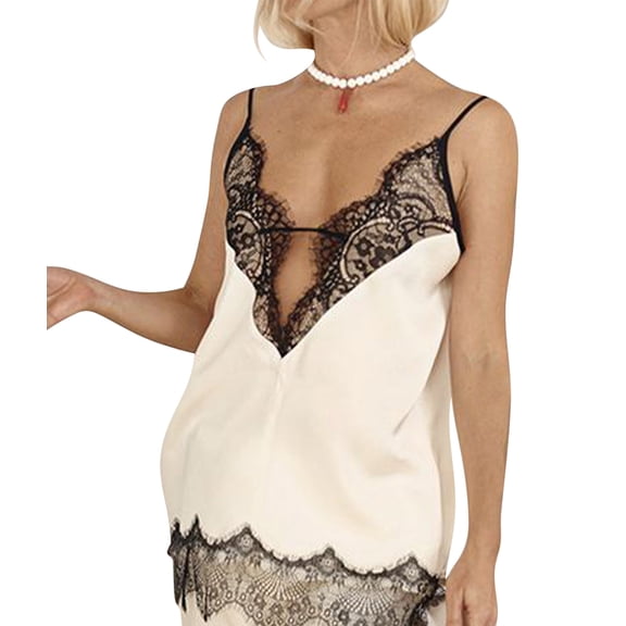 Lace Camis Tops for Women Spaghetti Strap Satin Silk V Neck Tank Top Y2K Going Out Shirt Tops White L