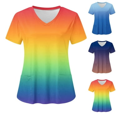 QATAINLAV Women's Scrub Tops Colorful Gradient Printed Short Sleeve V-Neck Nursing Scrubs Tops Working Uniform Printing Blouse Tees with Pockets Nurse Gifts Blue XXL