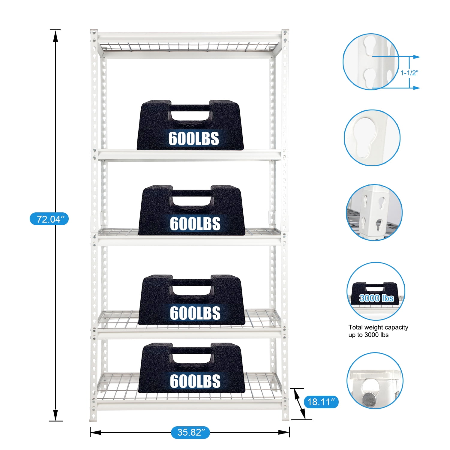 Pachira 36W x 18D x 60H Adjustable Height 4-Shelf Steel Shelving Unit  Utility Organizer Rack for Home, Office, and Warehouse, White