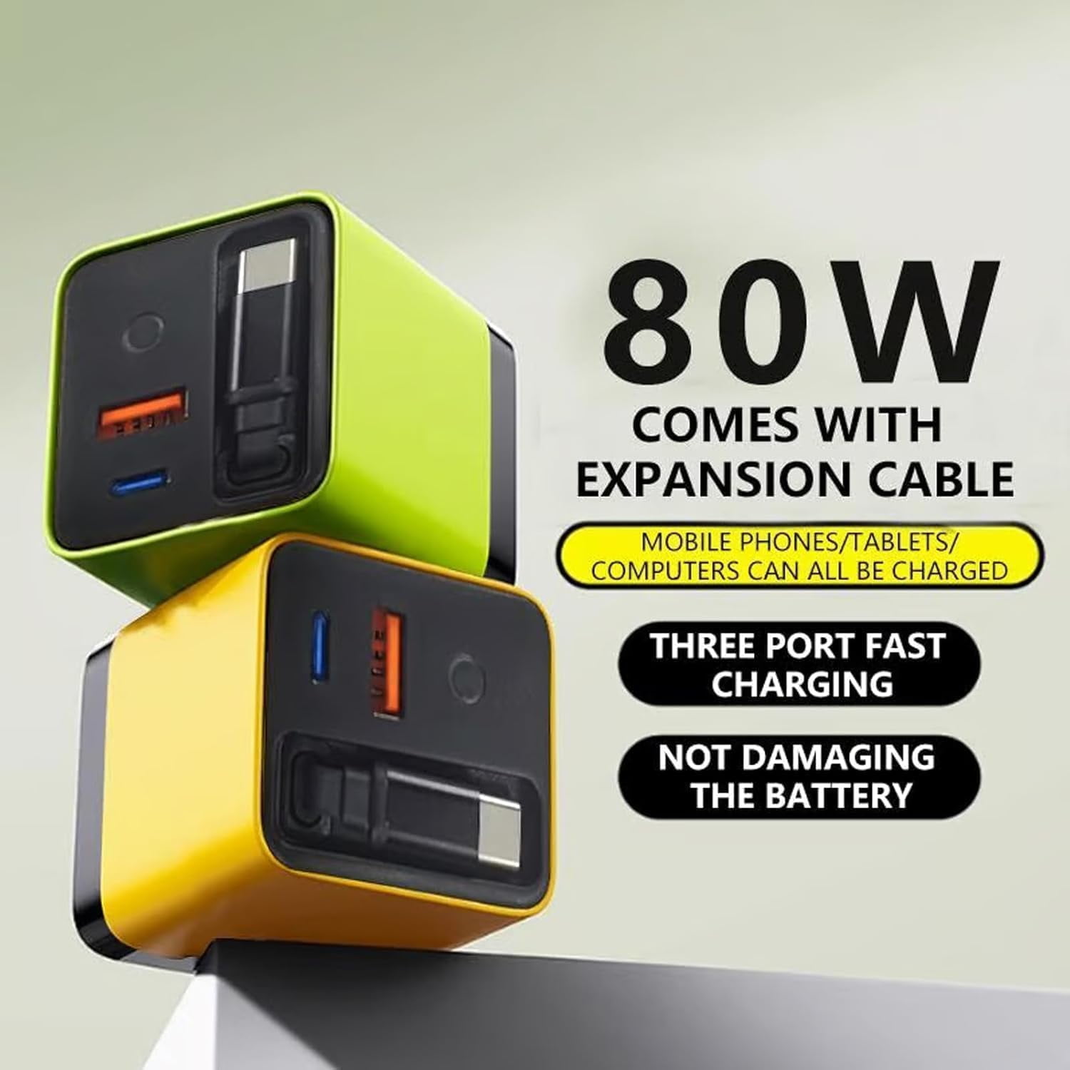 3-in-1 80W MAX  Retractable Charger - 60cm Type-C Cable & 2 USB Ports, Fast Charging for Smartphones, Tablets & Laptops