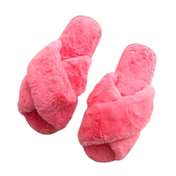 U-slide Women’s Cross Band Soft Plush Fluffy Furry Fleece House Indoor or Outdoor Ladies’ Slide Slippers, Pink, 5-6