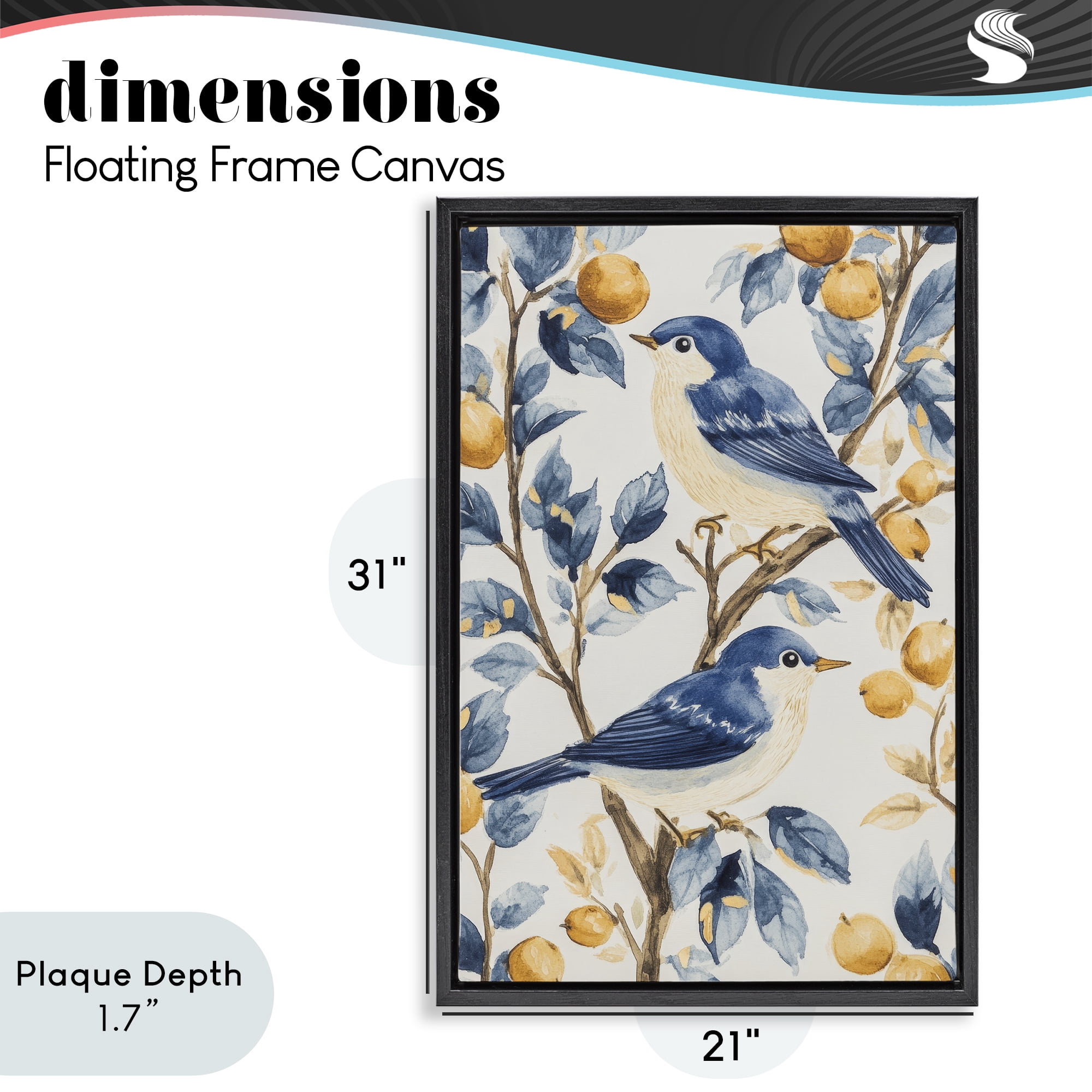 Stupell Industries Sweet Blue Birds on Lemon Branch Black Framed Floater Canvas Wall Art, design by Petal Prints Design