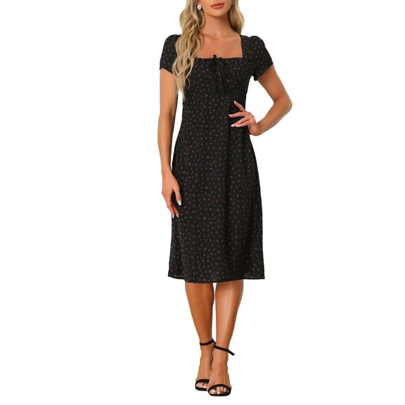 Allegra K Women's Cherry Print Square Neck Drawstring Midi Dress