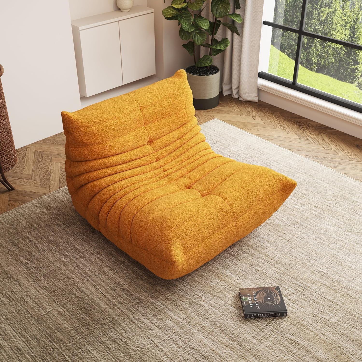Single Yellow Bean Bag Chair for Adults with Memory Foam Filler, Faux Fur Floor Gaming Sofa for Home or Apartment
